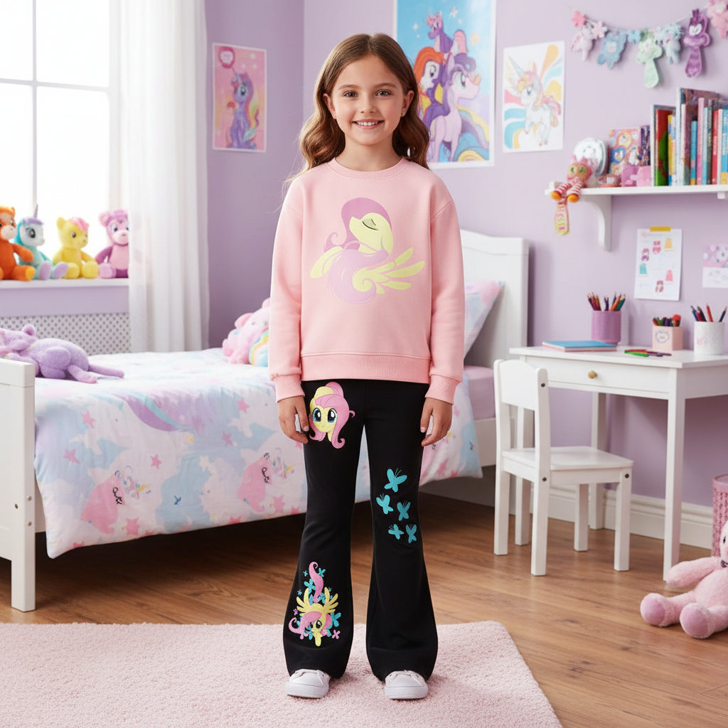 Fluttershy Graphic Print Sweatshirt And Flared Pants Set For Girls