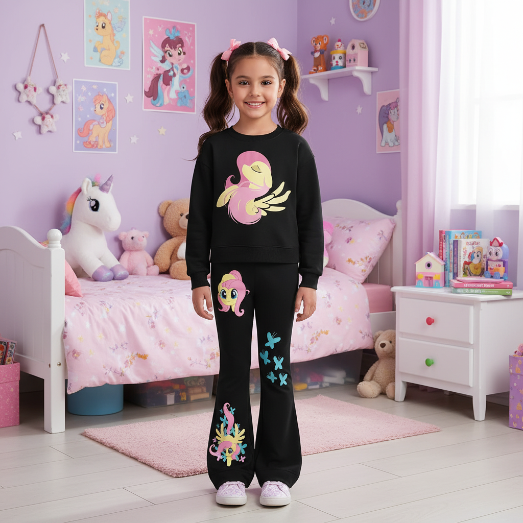 Fluttershy Graphic Print Sweatshirt And Flared Pants Set For Girls