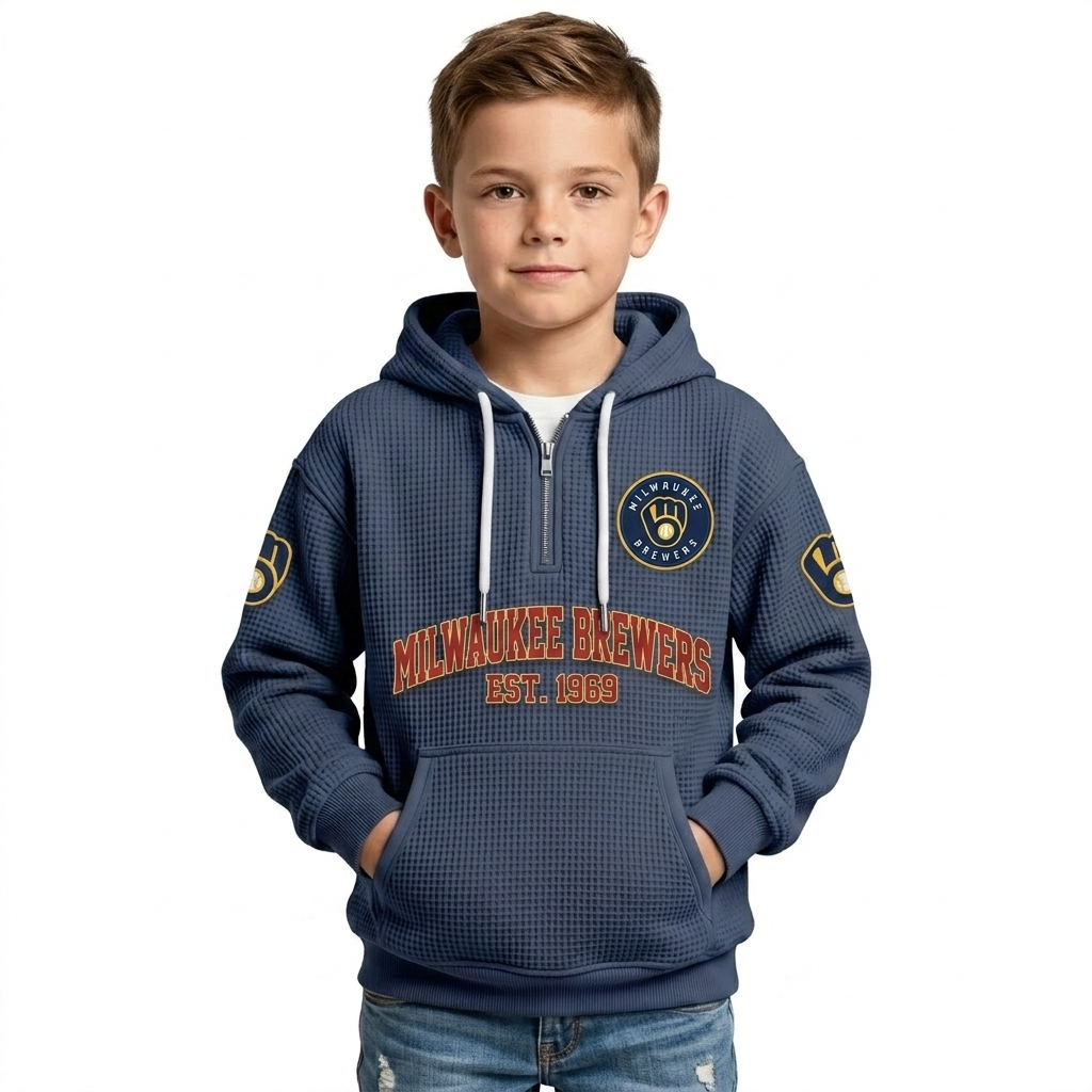 Milwaukee Brewers EST 1969 Printed Waffle Quarter Zip Baseball Fan Hoodie For Kids
