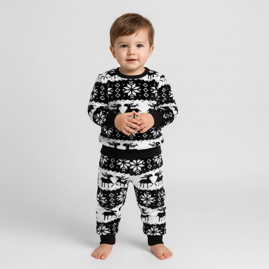 Christmas Winter Outfit for Boys with Warm Flannel Pants and Top Set