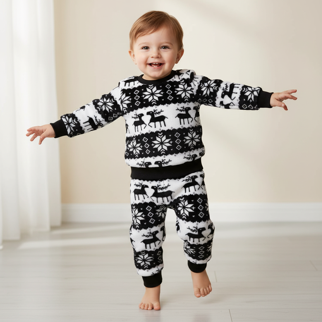 Christmas Winter Outfit for Boys with Warm Flannel Pants and Top Set