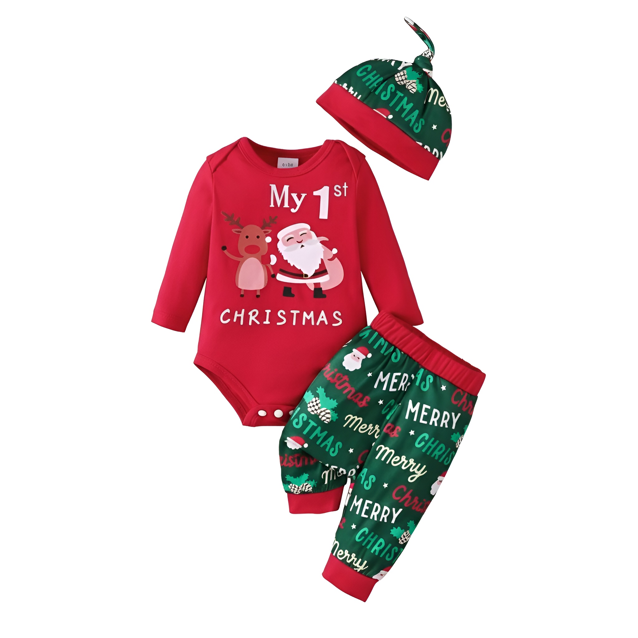 My First Christmas Santa Print Top Pants and Hat 3 Piece Set For Infant