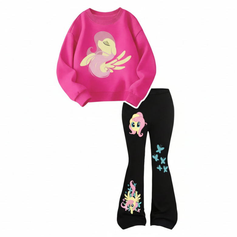 Fluttershy Graphic Print Sweatshirt And Flared Pants Set For Girls