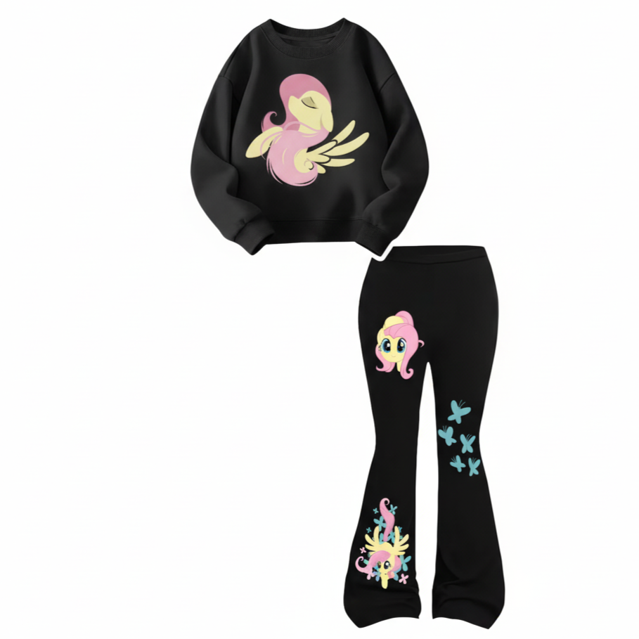 Fluttershy Graphic Print Sweatshirt And Flared Pants Set For Girls