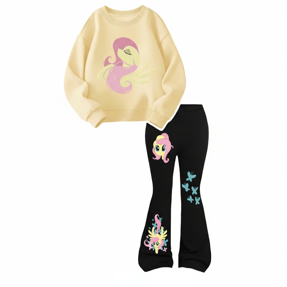 Fluttershy Graphic Print Sweatshirt And Flared Pants Set For Girls