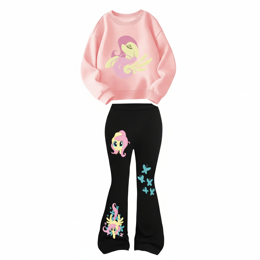 Fluttershy Graphic Print Sweatshirt And Flared Pants Set For Girls