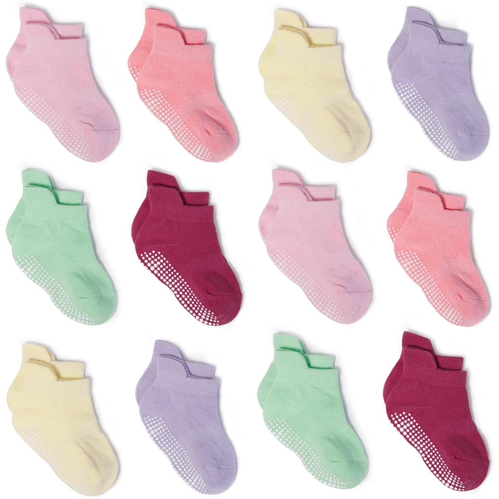 Pack Of 12 Baby Grip Socks With Non Skid Soles For Infants Toddlers And Kids