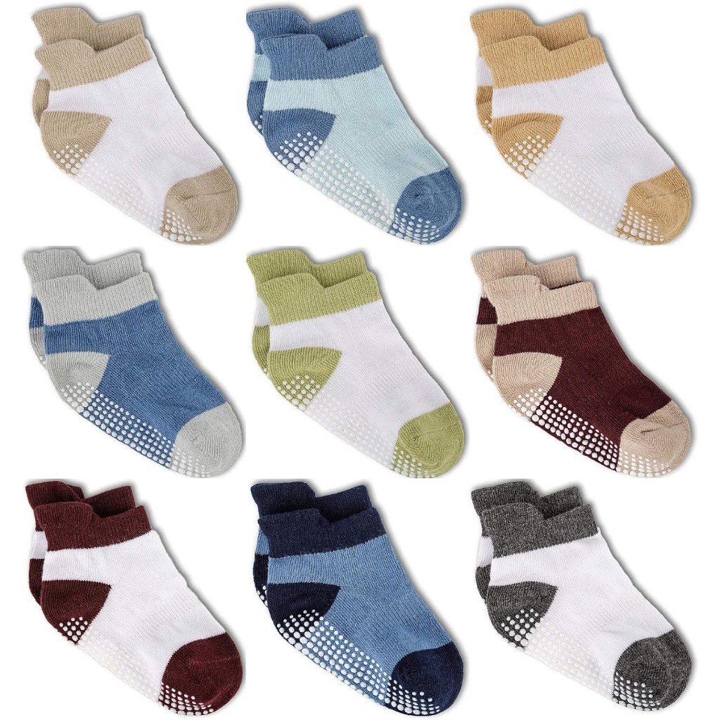 Pack Of 9 Baby Grip Socks With Non Skid Soles for Infants Toddlers And Kids
