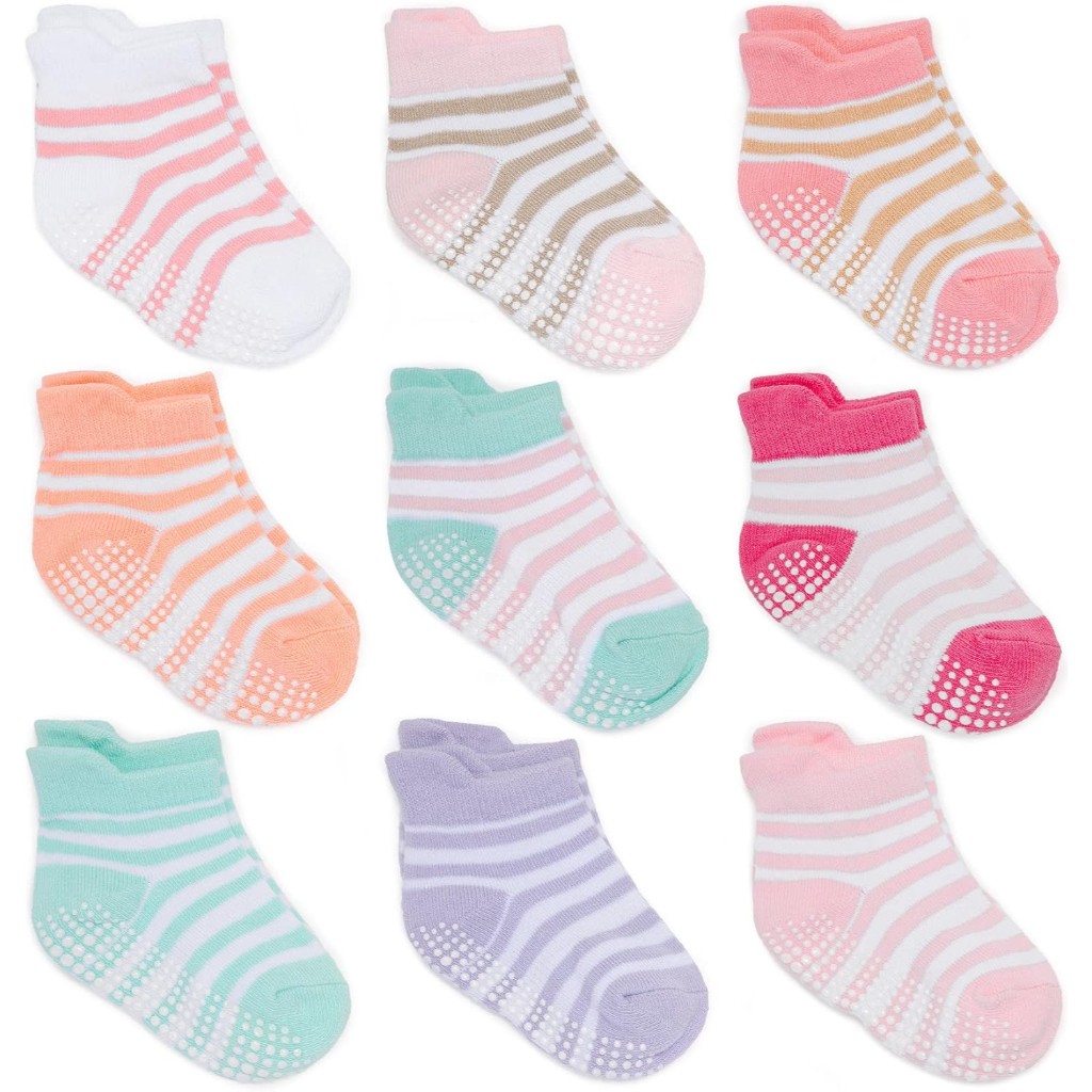 Pack Of 9 Baby Grip Socks With Non Skid Soles for Infants Toddlers And Kids