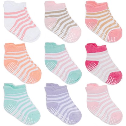Pack Of 9 Baby Grip Socks With Non Skid Soles for Infants Toddlers And Kids