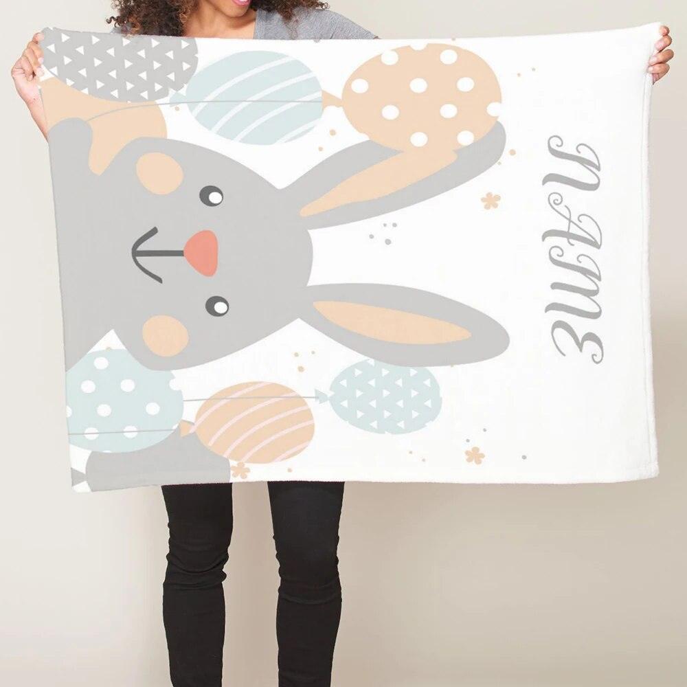 Rabbit Baby Blanket – Personalized Bunny and Balloon Fleece Throw-Children Cloth Shop
