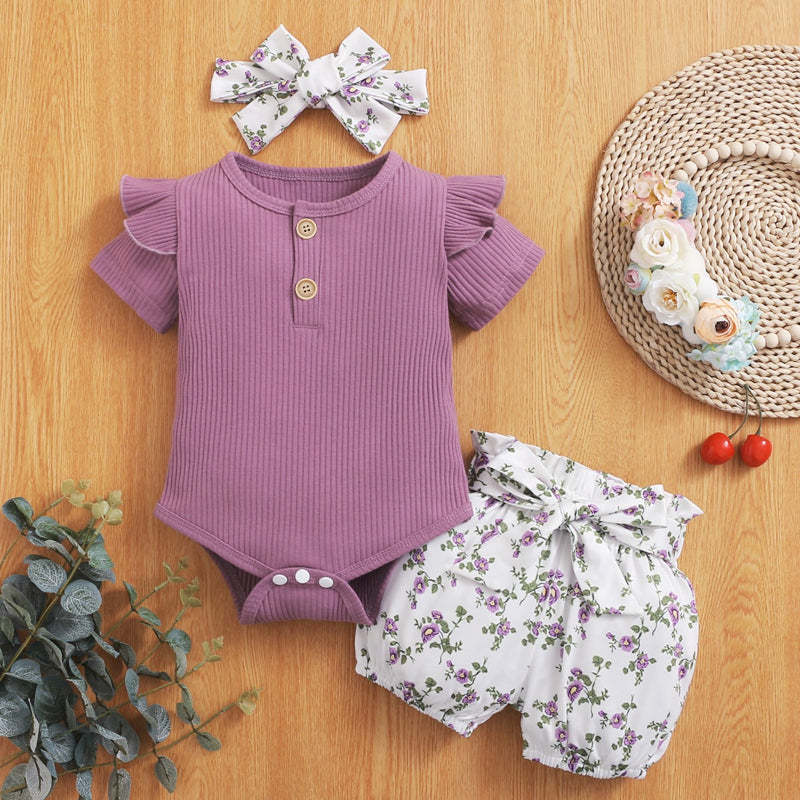 Newborn Baby Girl Short Ruffled Sleeve 3 Pcs Clothes Set