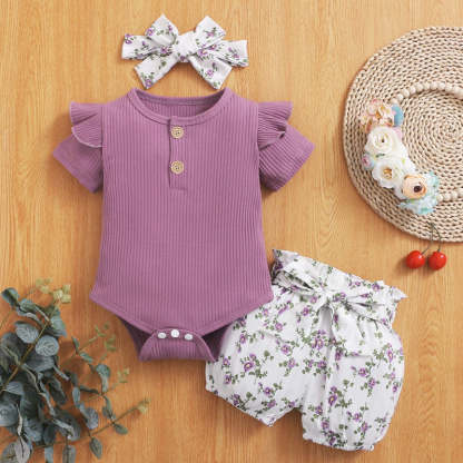 Newborn Baby Girl Short Ruffled Sleeve 3 Pcs Clothes Set