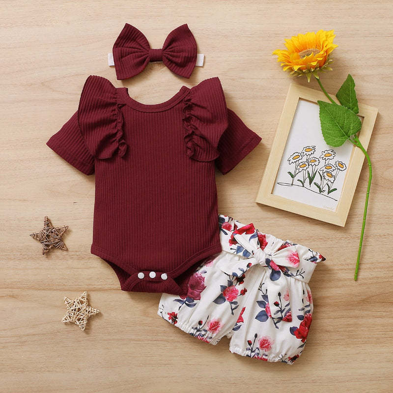 Newborn Baby Girl Short Ruffled Sleeve 3 Pcs Clothes Set