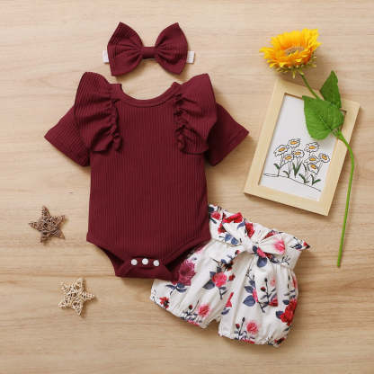 Newborn Baby Girl Short Ruffled Sleeve 3 Pcs Clothes Set