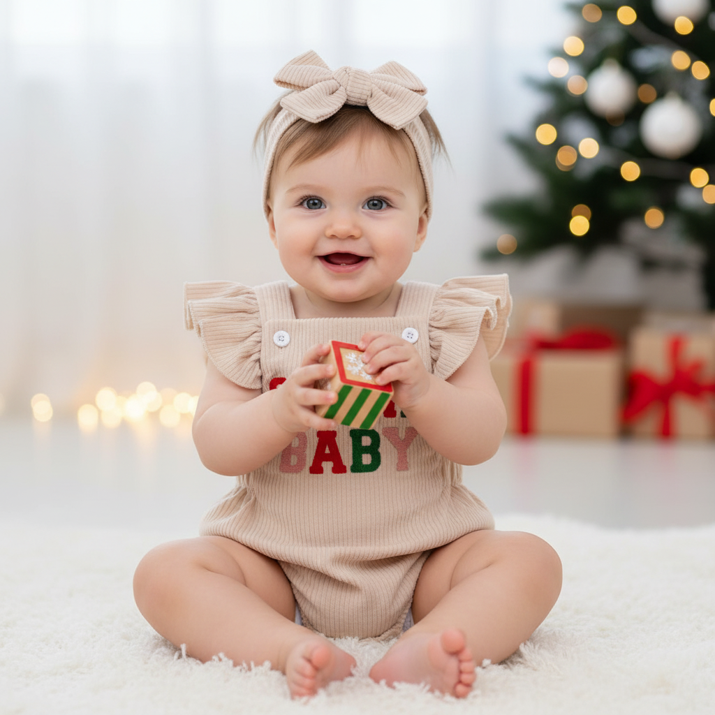 Baby Girls Corduroy Ruffle Bodysuit and Bow Headband Set