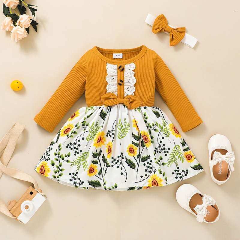 Floral Print Baby Girl Long Sleeve Dress-Children Cloth Shop