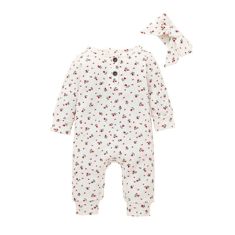 Girl Baby's Floral Print Romper With Headband-Children Cloth Shop