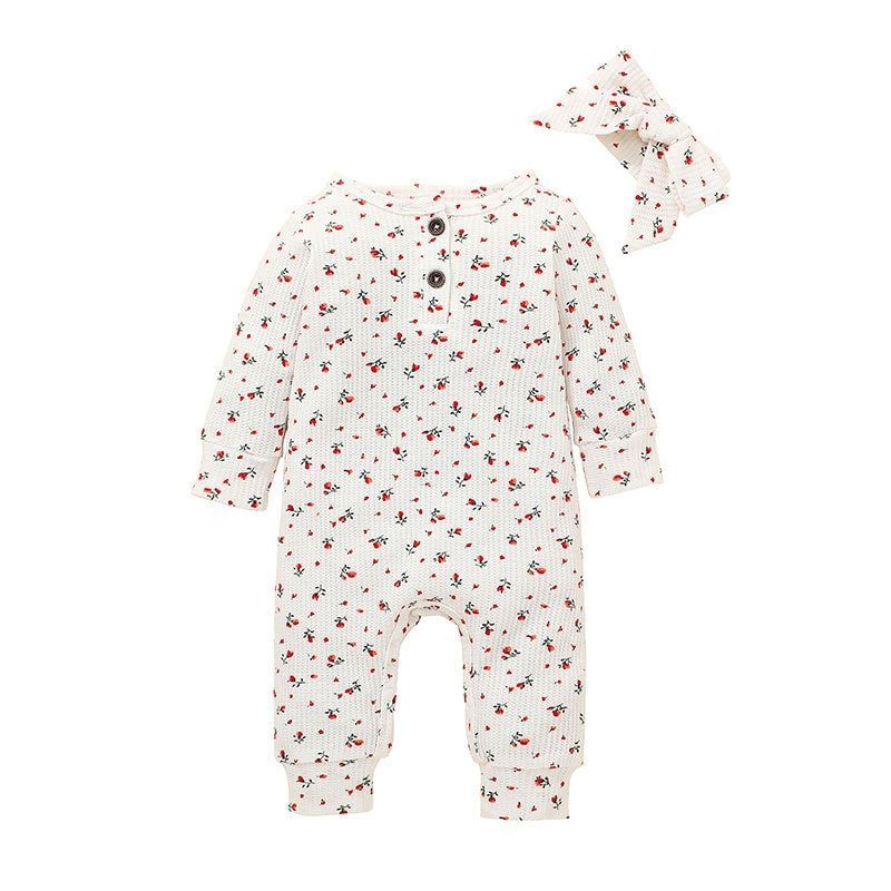Girl Baby's Floral Print Romper With Headband-Children Cloth Shop
