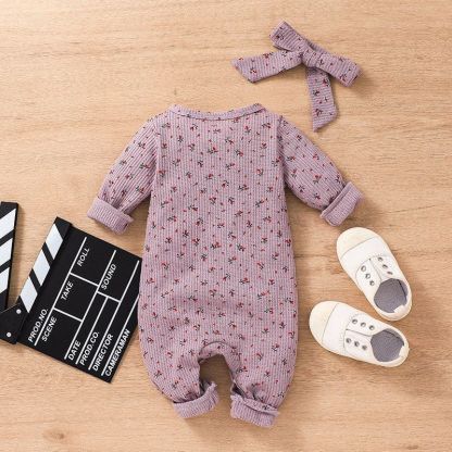 Girl Baby's Floral Print Romper With Headband-Children Cloth Shop