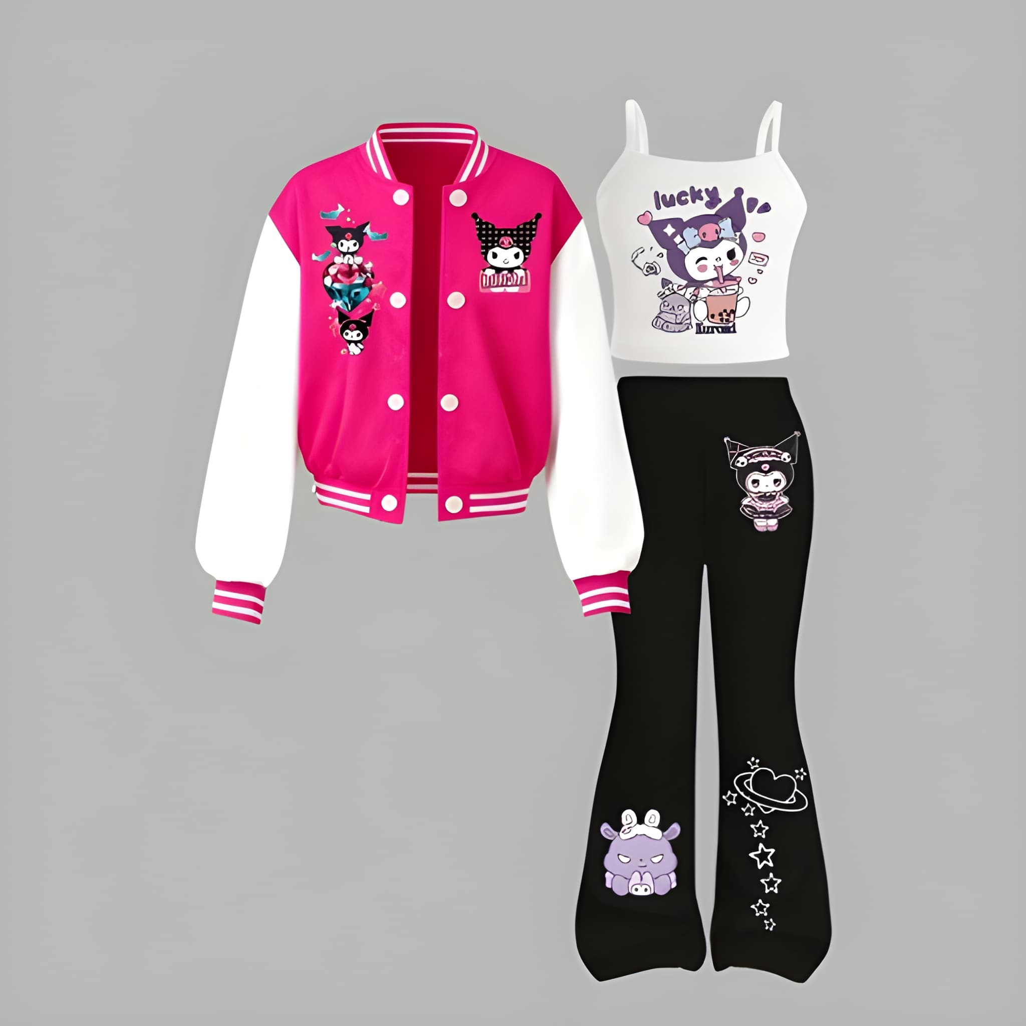  Sanrio Kuromi Girls' Jacket Baseball Jacket + Vest + Flared Pants Set, 3pcs Set