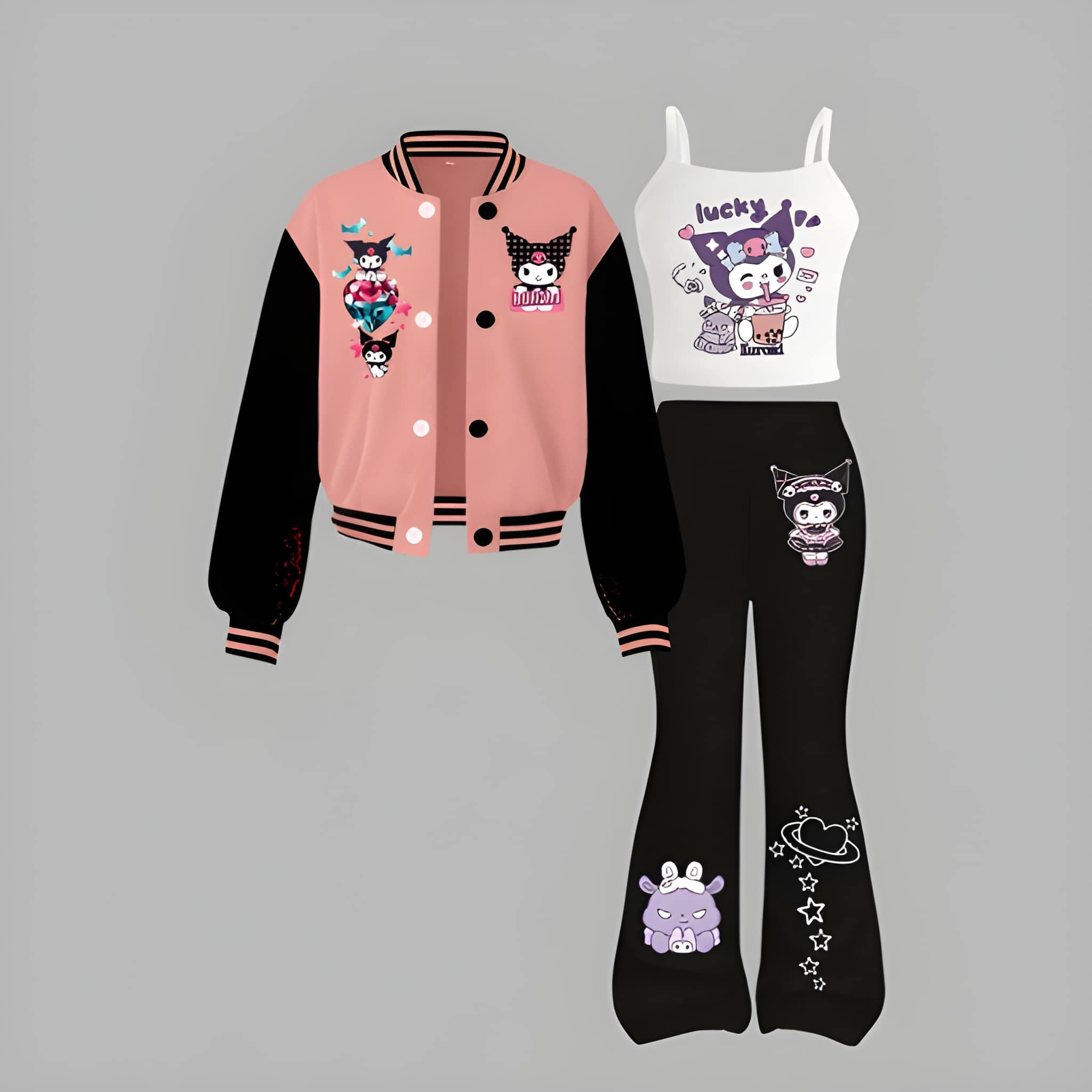  Sanrio Kuromi Girls' Jacket Baseball Jacket + Vest + Flared Pants Set, 3pcs Set
