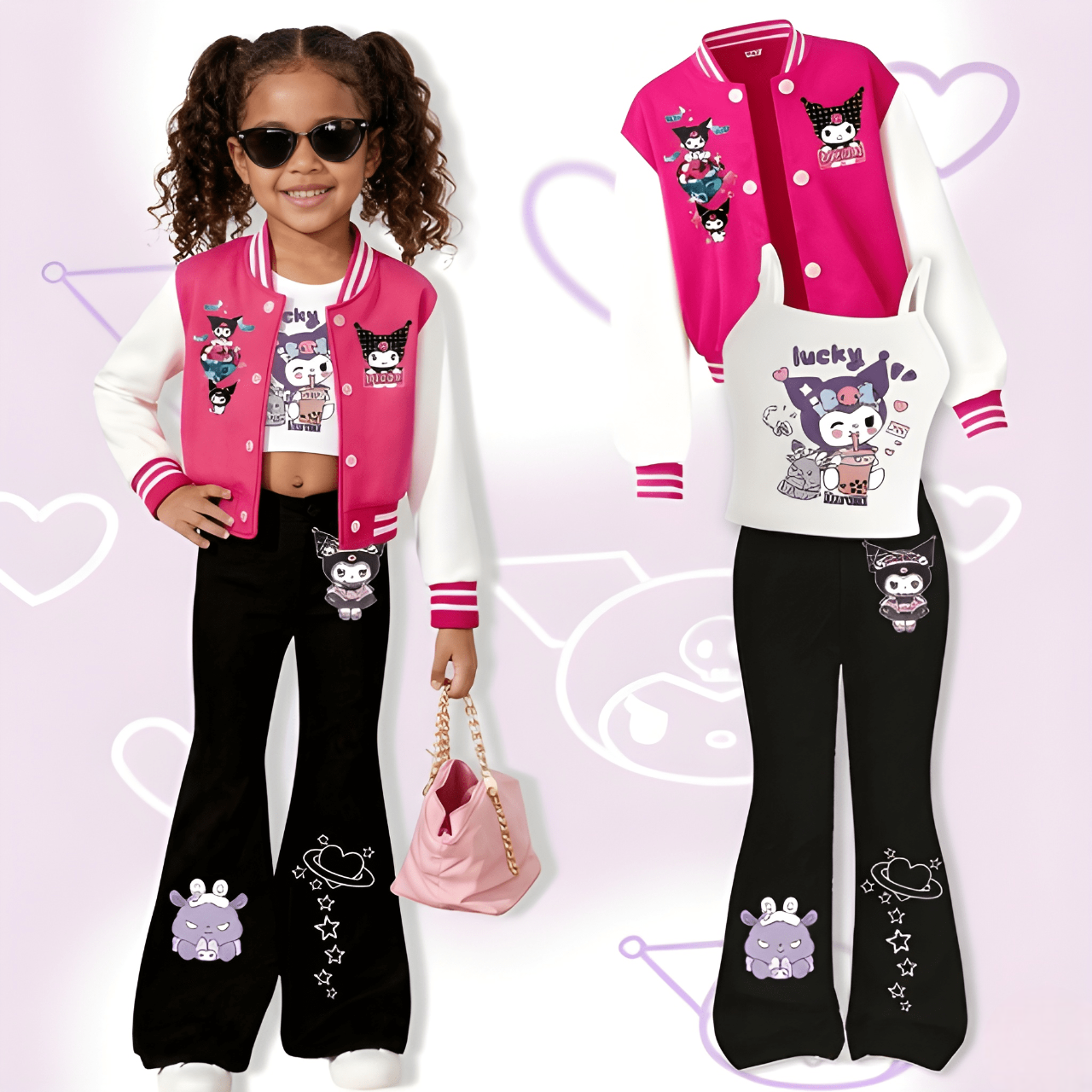  Sanrio Kuromi Girls' Jacket Baseball Jacket + Vest + Flared Pants Set, 3pcs Set