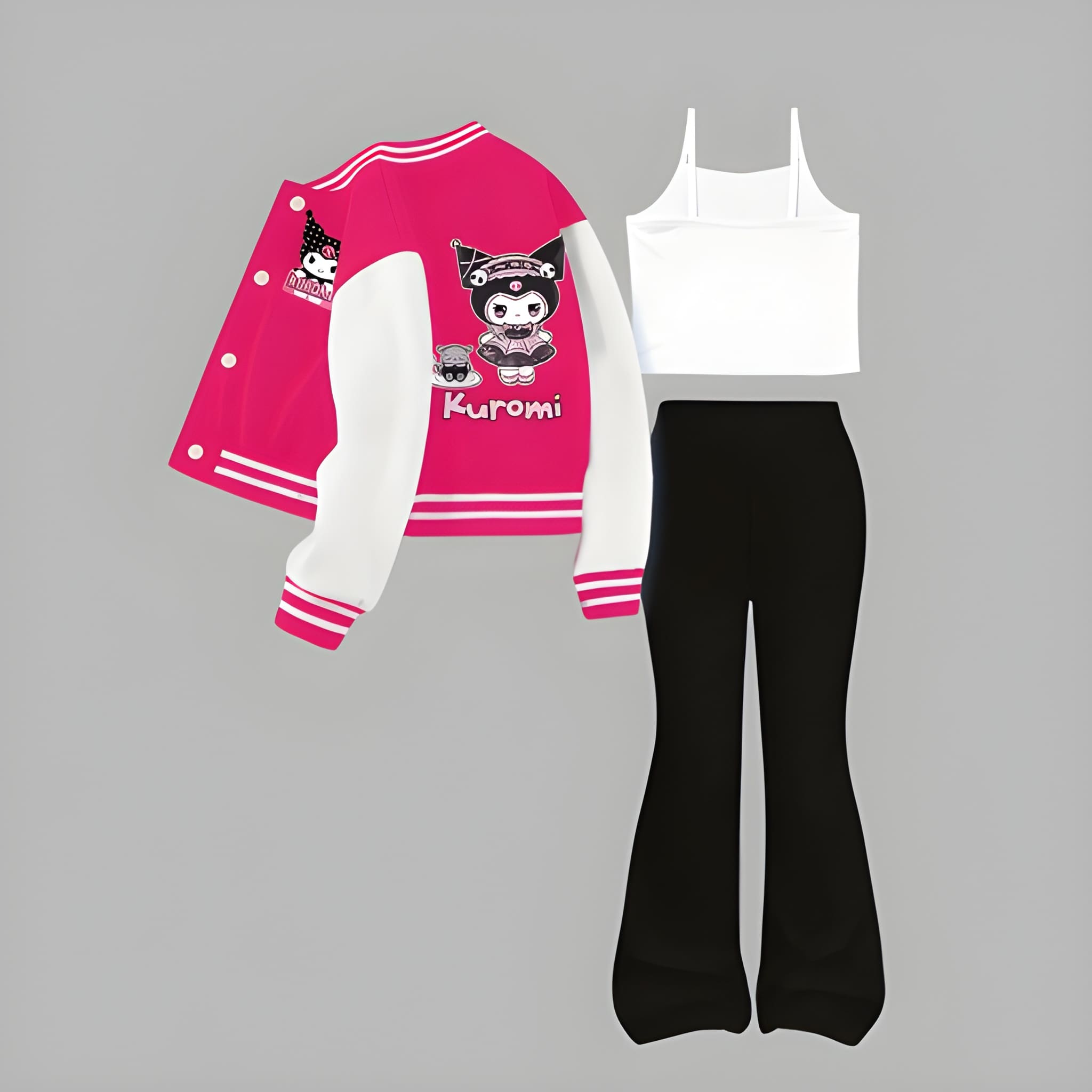  Sanrio Kuromi Girls' Jacket Baseball Jacket + Vest + Flared Pants Set, 3pcs Set