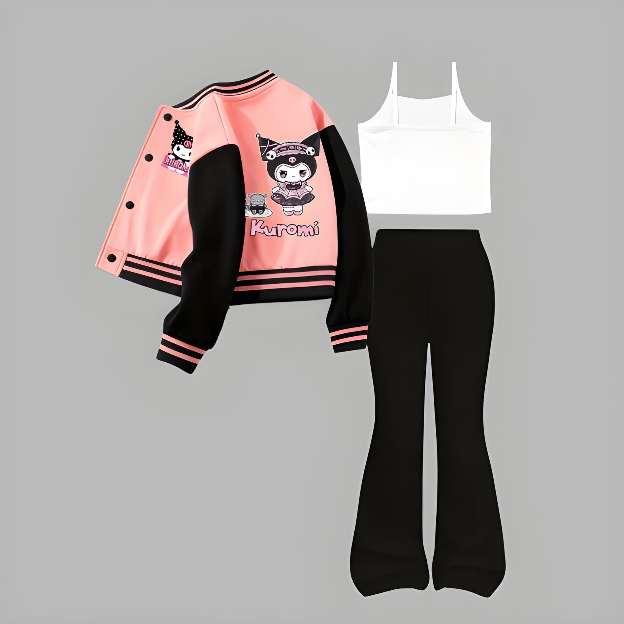  Sanrio Kuromi Girls' Jacket Baseball Jacket + Vest + Flared Pants Set, 3pcs Set