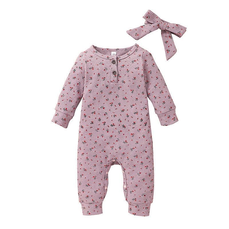Girl Baby's Floral Print Romper With Headband-Children Cloth Shop