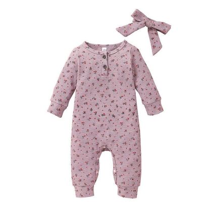 Girl Baby's Floral Print Romper With Headband-Children Cloth Shop