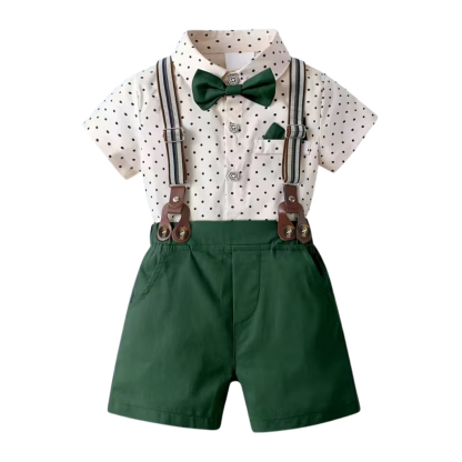 Short Sleeved Collared Shirt With Bow Tie And Shorts 2 Piece Set For Boys