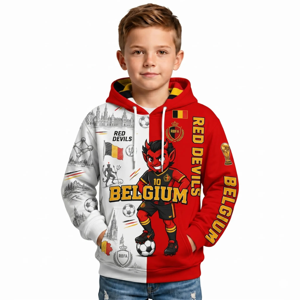 Belgium Football Themed All Over Printed Hoodie For Kids