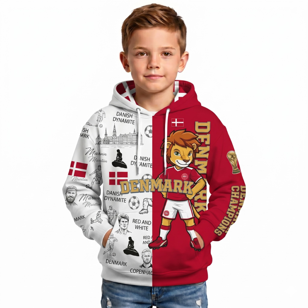 Denmark Football Themed All Over Printed Hoodie For Kids