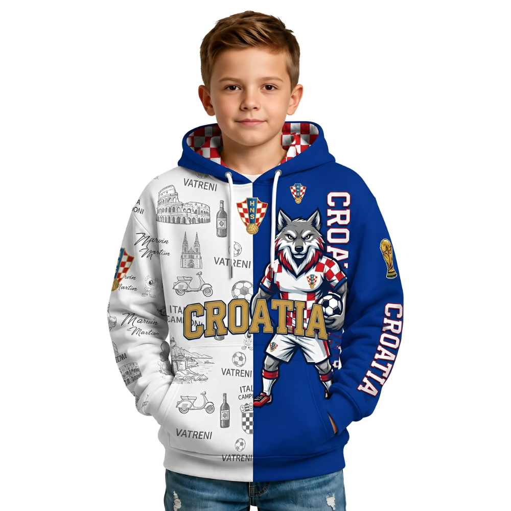 Croatia Football Themed All Over Printed Hoodie For Kids
