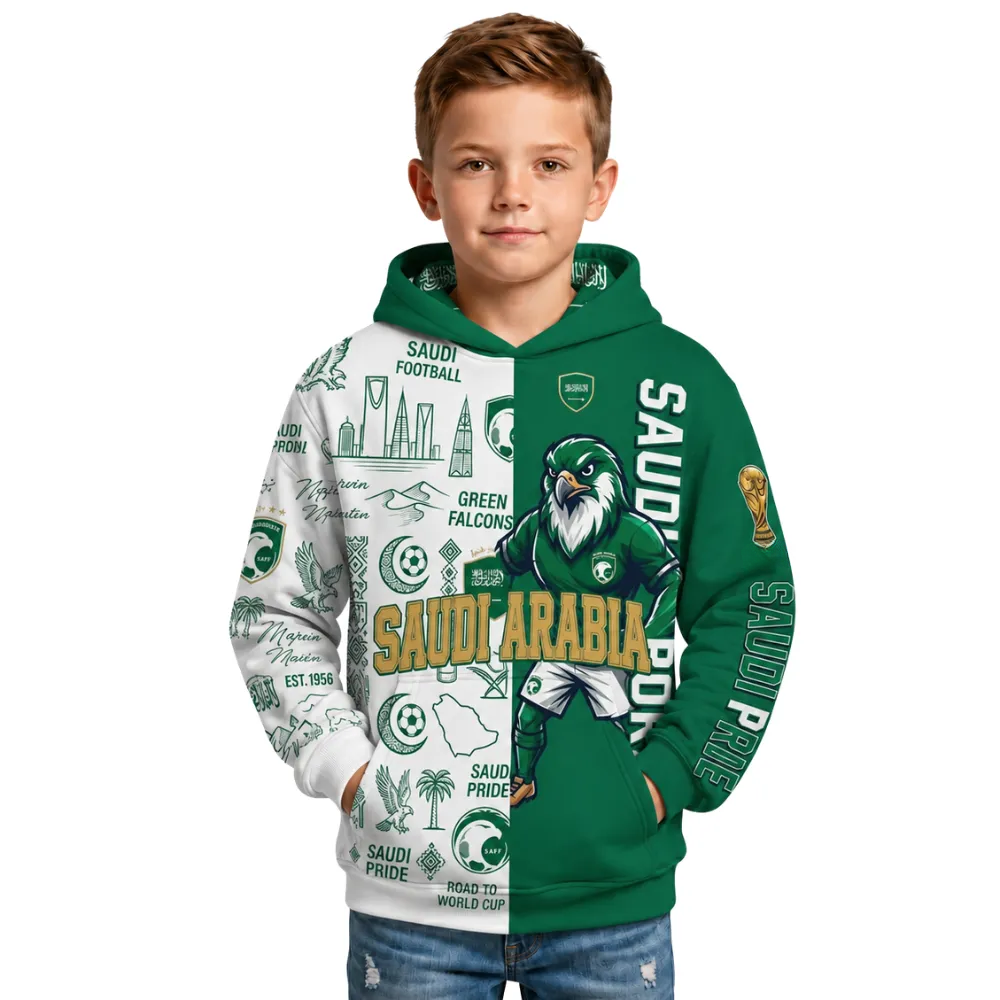 Saudi Arabia Football Themed All Over Printed Hoodie For Kids