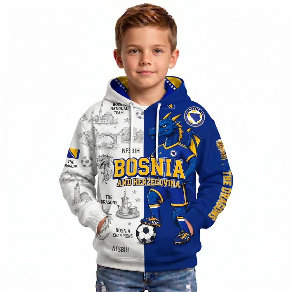 Bosnia and Herzegovina Football Themed All Over Printed Hoodie For Kids