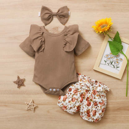 Newborn Baby Girl Short Ruffled Sleeve 3 Pcs Clothes Set