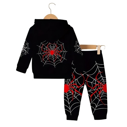 Spider Web Print Hooded Sweatshirt Set For Boys