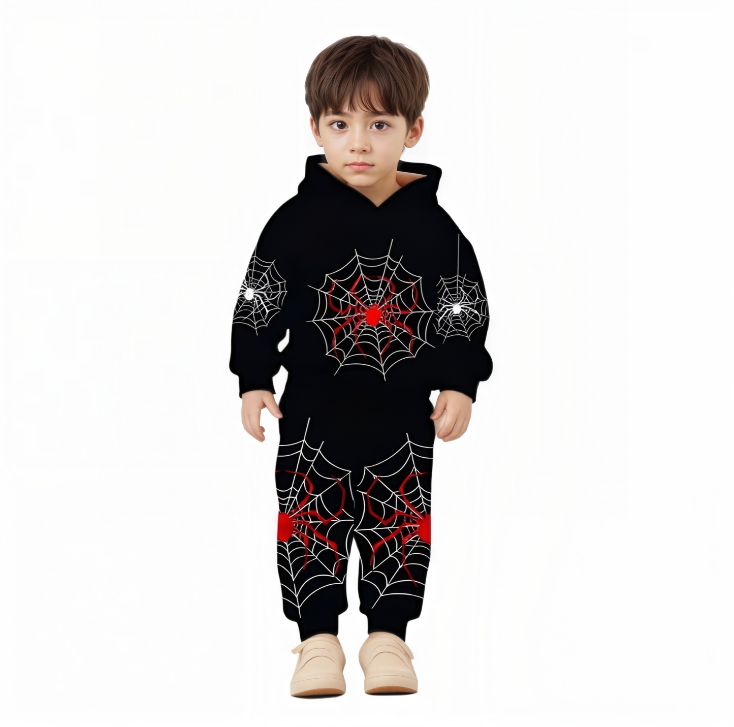 Spider Web Print Hooded Sweatshirt Set For Boys