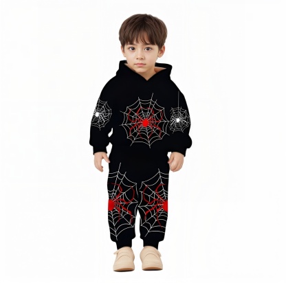 Spider Web Print Hooded Sweatshirt Set For Boys