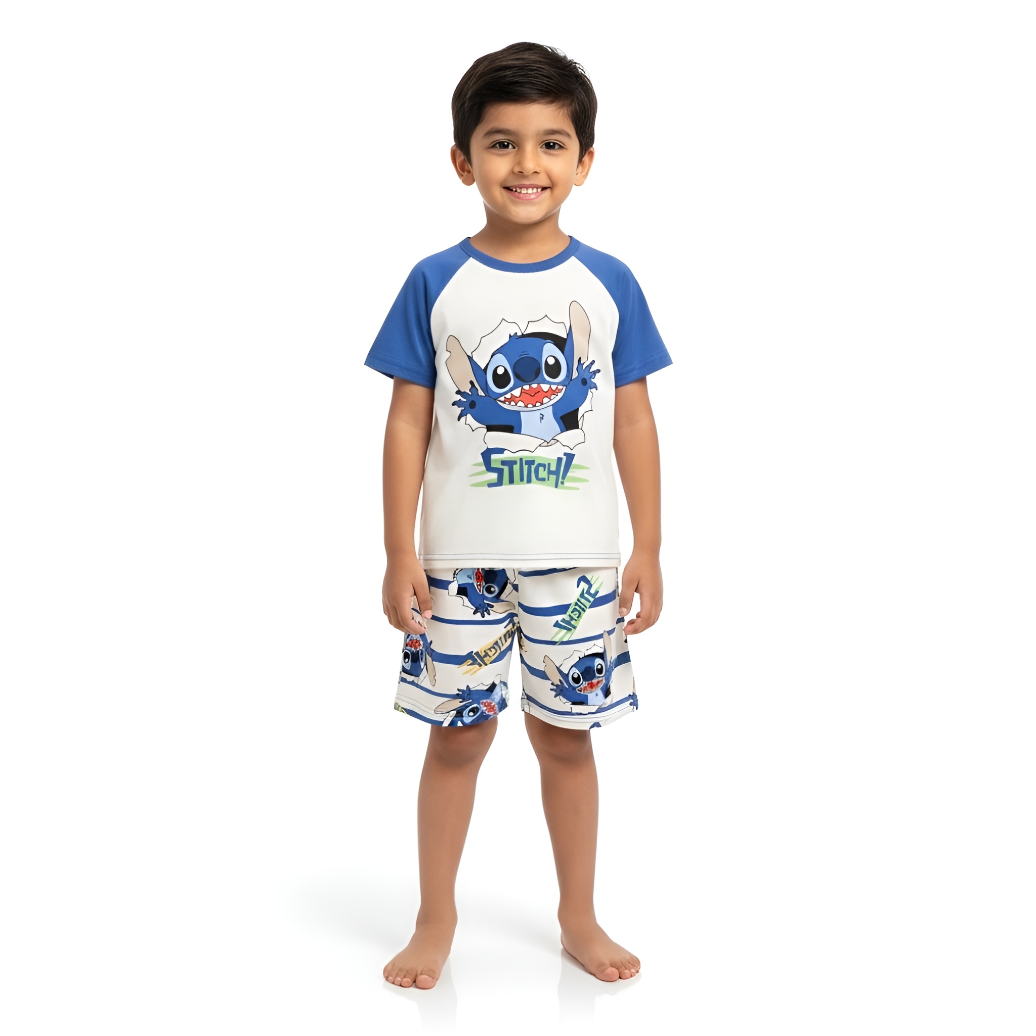 Stitch Cartoon Print Short Sleeve Pajama Set For Boys