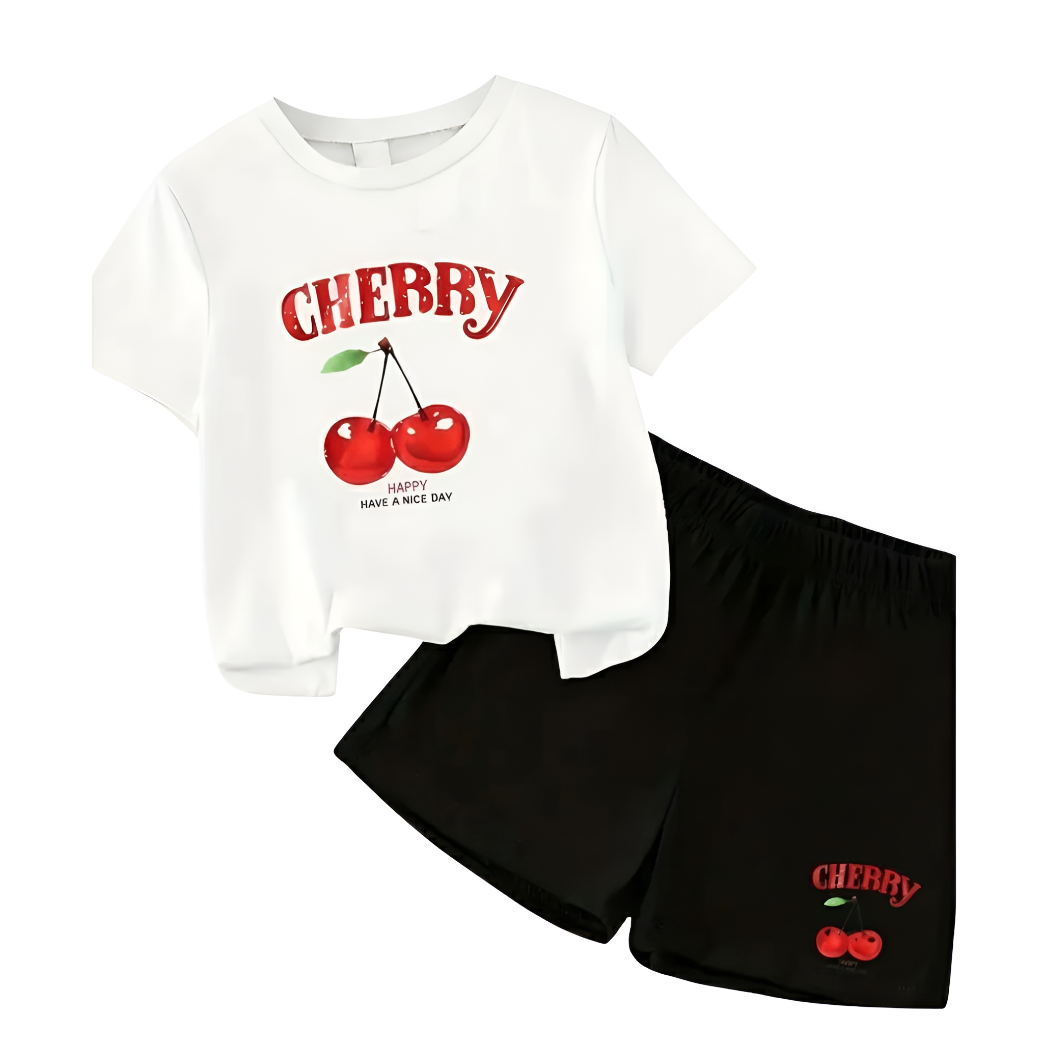 Summer Style Round Neck Cherry Print Short Sleeve Top And Shorts