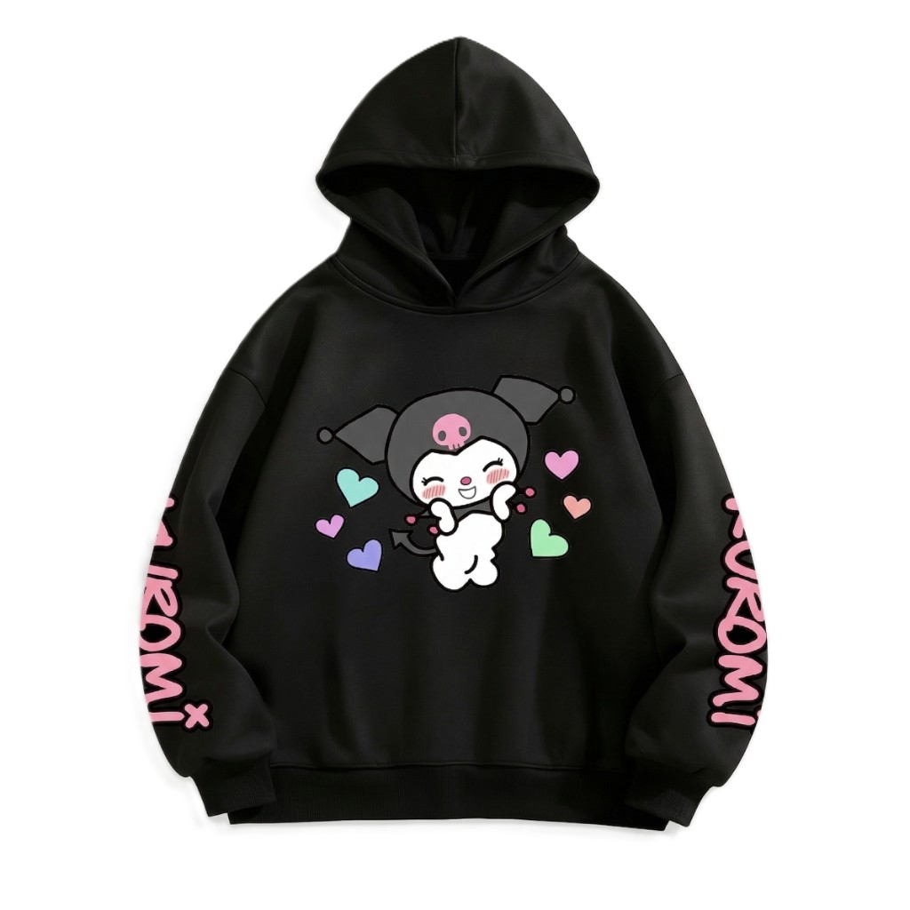 Funny Kuromi Cartoon Graphic Double Sided Print Cropped Hoodie For Girls
