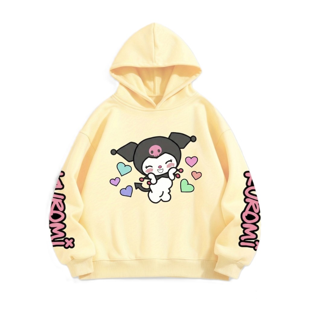 Funny Kuromi Cartoon Graphic Double Sided Print Cropped Hoodie For Girls