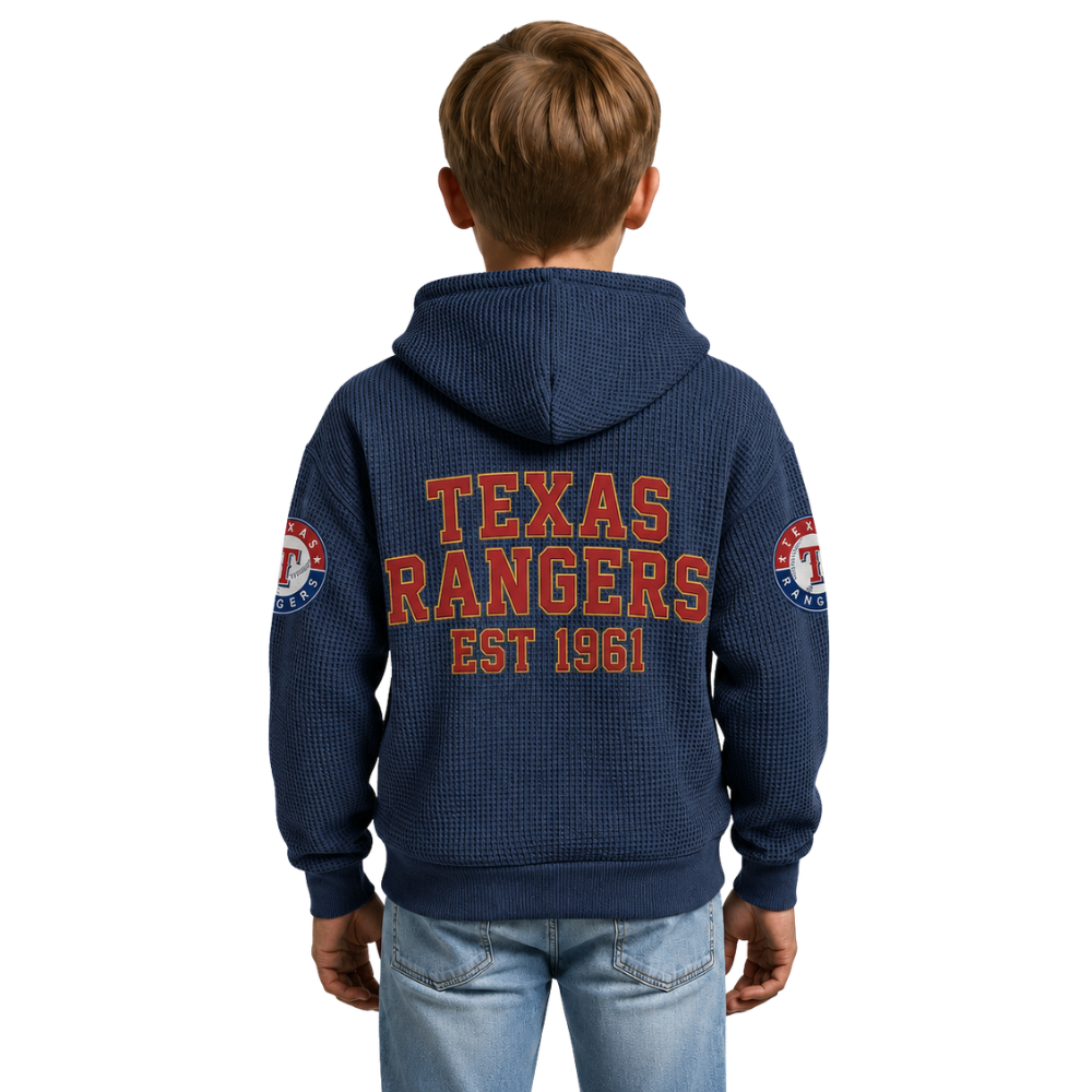 Texas Rangers EST 1961 Printed Waffle Quarter Zip Baseball Fan Hoodie For Kids