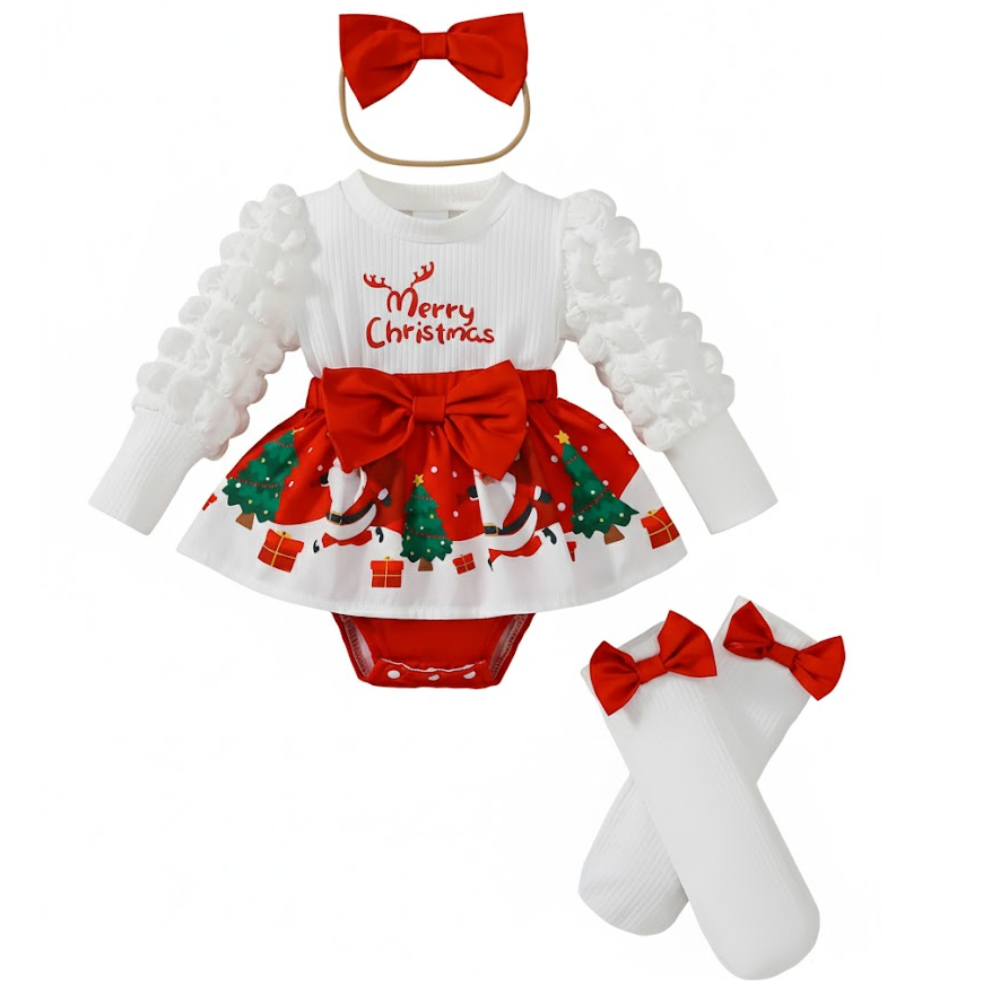 3 piece Of  Newborn Infant Christmas Romper Set with Socks And Headscarf
