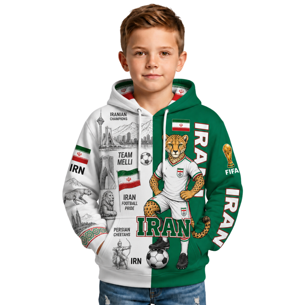 FIFA 2026 Iran Football Themed All Over Printed Hoodie For Kids