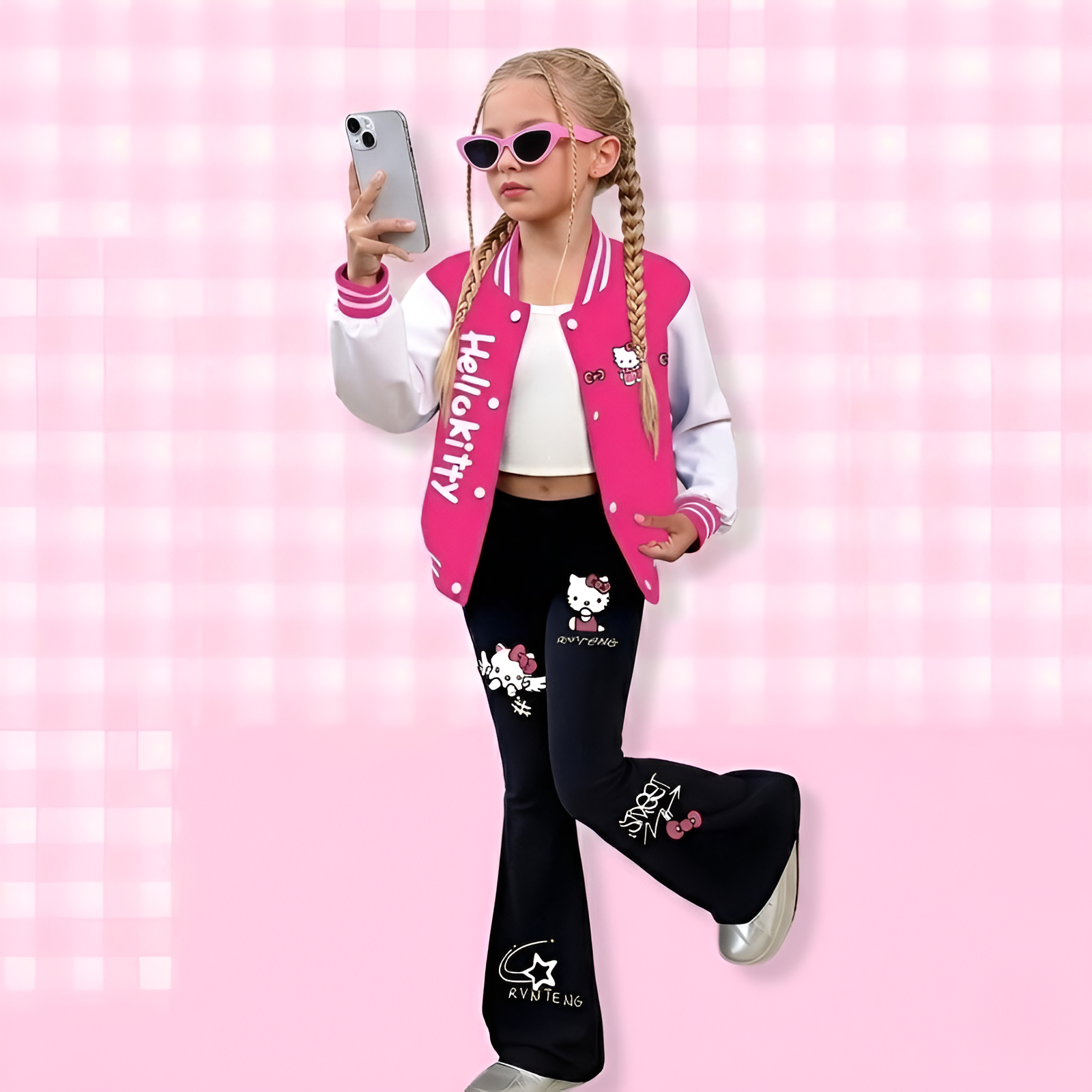 Hello Kitty Graphic Print Baseball Jacket And Flared Pants Set For Girls