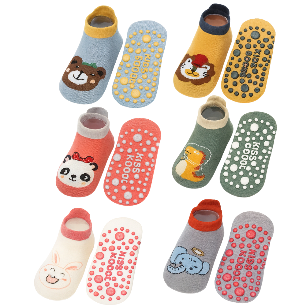 6 Pairs Baby Non Slip Socks With Cartoon Animal Printed